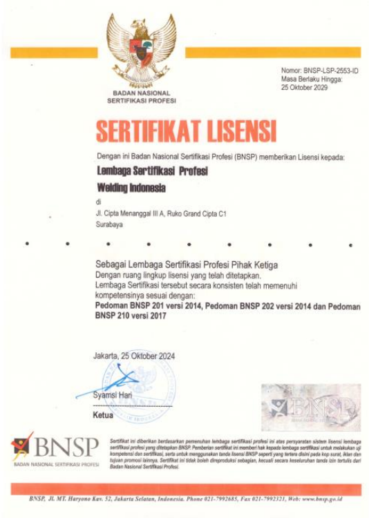 Sertifikat Lisensi BNSP